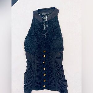 Black Lace & Ruched Button-Front  Top